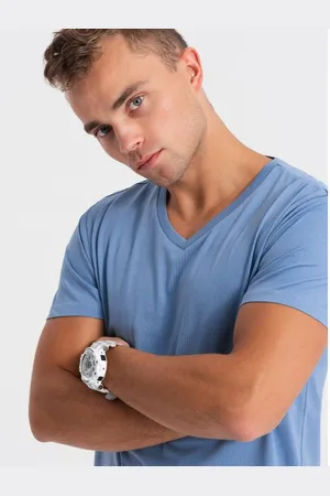 Ombre Clothing Pánské klasické bavlněné tričko s výstřihem BASIC modré