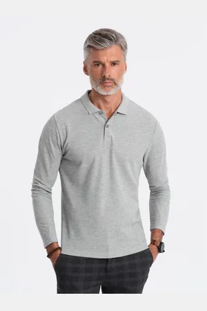 Ombre Clothing Pánská košile s dlouhým rukávem a polo límcem - šedý melír V4 OM-POBL-0114