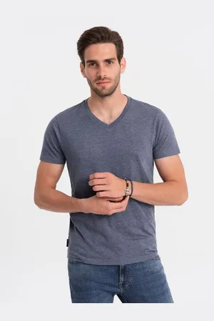 Ombre Clothing Pánské klasické bavlněné tričko s výstřihem BASIC modrý melír