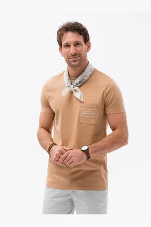 Ombre Clothing Pánské bavlněné tričko s potiskem kapes světle hnědé V6 S1742