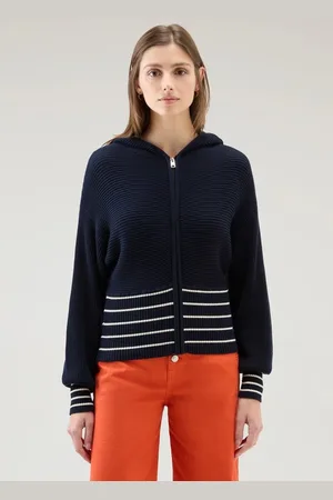 Woolrich Svetr pure cotton hoodie melton blue cream stripe