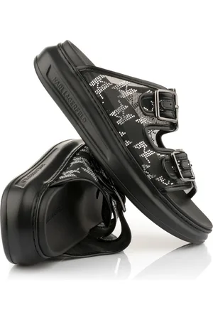 Karl Lagerfeld Pantofle kapri slide sparkle 2-strap black mesh text w/silver