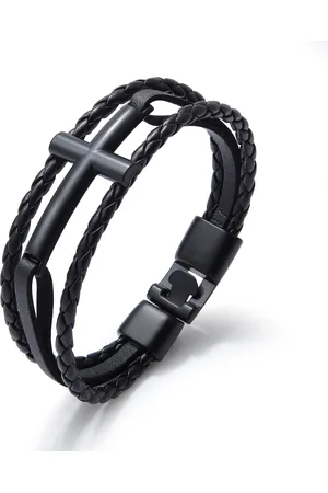 Troli Černý kožený náramek s křížkem Leather VPH1291D