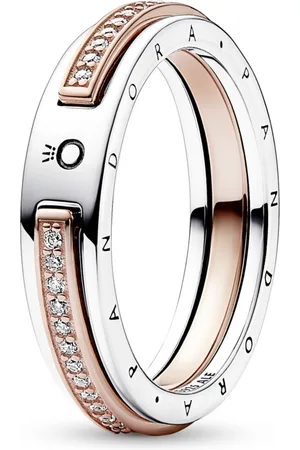 PANDORA Originální bicolor prsten se zirkony Signature Logo 182773C01 50 mm