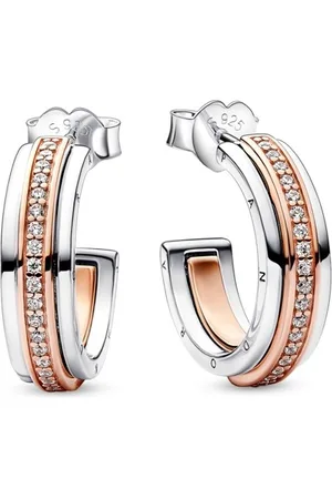 PANDORA Originální bicolor náušnice se zirkony Rose Signature Logo 282737C01