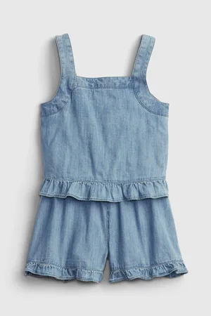 GAP Modrý holčičí dětský overal denim ruffle romper