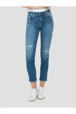 Replay Modré dámské zkrácené slim fit džíny s potrhaným efektem