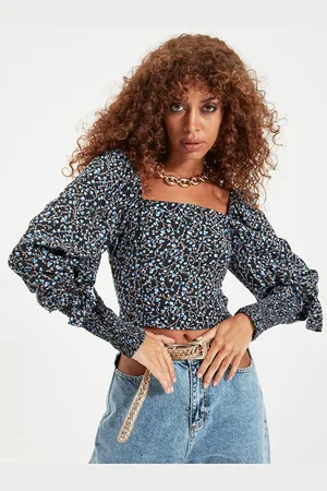 Trendyol Černá dámská květovaná cropped halenka s balonovými rukávy