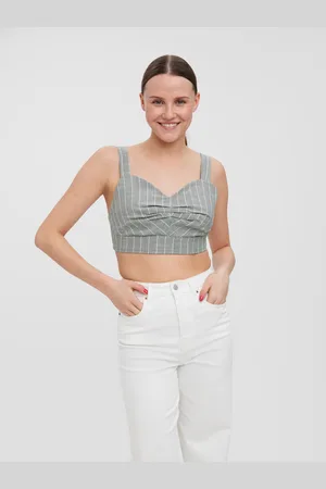 VERO MODA Světle šedý pruhovaný crop top na ramínka Serena