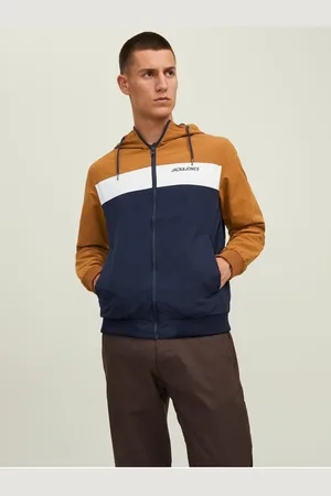 JACK & JONES Hnědo-modrá pánská lehká bunda s kapucí Rush