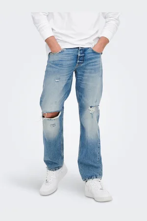 Only & Sons Modré loose fit džíny s potrhaným efektem Edge