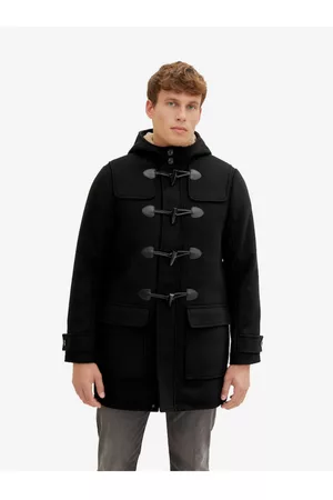 TOM TAILOR Muži Kabáty - Černý pánský zimní kabát s kapucí a příměsí vlny