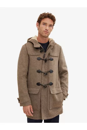 TOM TAILOR Muži Kabáty - Hnědý pánský zimní kabát s kapucí a příměsí vlny