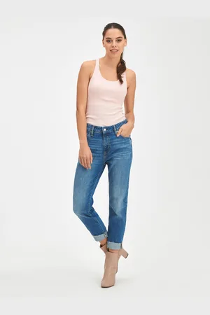 GAP Modré dámské džíny Mid rise universal slim boyfriend jeans