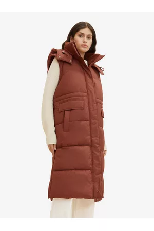 TOM TAILOR Ženy Kabáty - Hnědý dámský prošívaný zimní kabát s odepínacími rukávy a kapucí