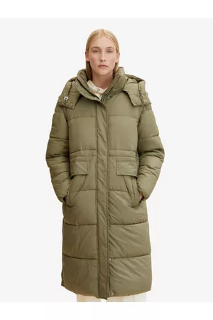 TOM TAILOR Ženy Kabáty - Zelený dámský prošívaný zimní kabát s odepínacími rukávy a kapucí