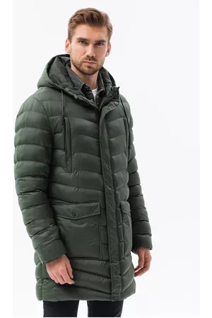 Ombre Clothing Zelený pánský prošívaný zimní kabát