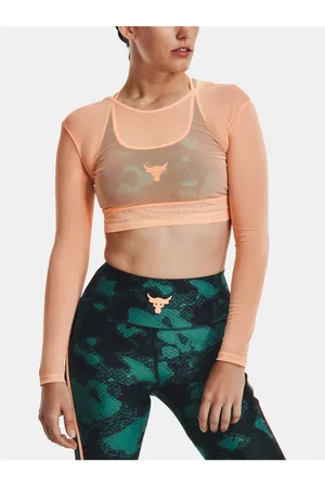 Under Armour Meruňkový dámský sportovní crop top Project Rock Sheer Mesh LS
