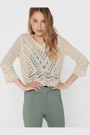 JDY Krémový vzorovaný crop top svetr s 3/4 rukávem New