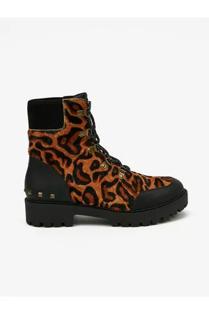 Desigual Ženy Kotníkové - Hnědé dámské kožené kotníkové boty s leopardím vzorem Biker Leopard