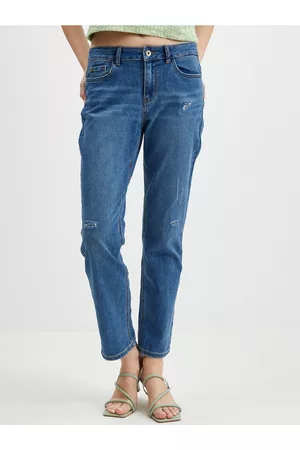 ORSAY Ženy Rovné nohavice - Tmavě modré dámské zkrácené straight fit džíny