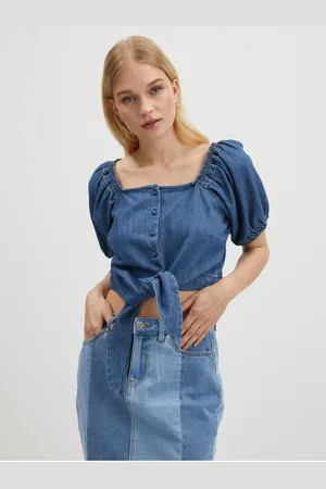 Pieces® Modrý dámský džínový crop top Tinka