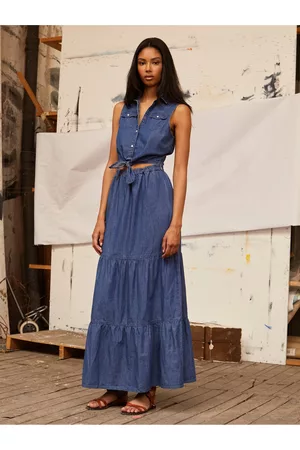 Pepe Jeans Ženy Maxi - Modré dámské džínové košilové maxišaty