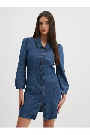 JDY Ženy Košilové - Modré džínové košilové šaty s balonovými rukávy Athena
