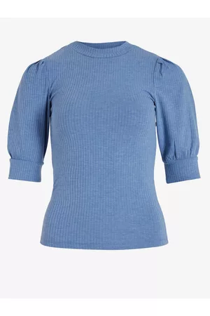 VILA Ženy Trička - Modré dámské žebrované tričko Felia