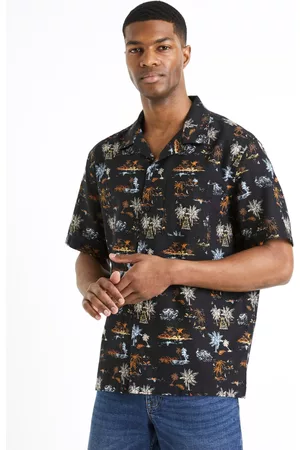 Celio Muži Košile - Černá pánská vzorovaná lněná košile Daplaya