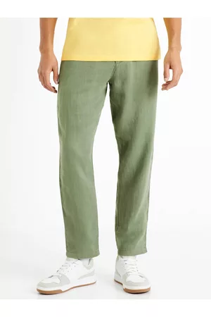 Celio Muži Kalhoty - Zelené pánské lněné kalhoty Dolinus