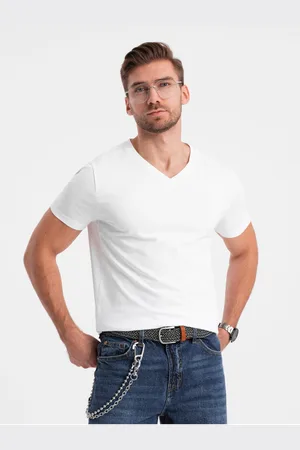 Ombre Clothing Bílé pánské tričko s véčkovým výstřihem