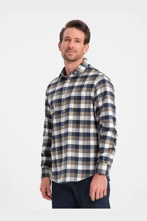 Ombre Clothing Hnědo-modrá pánská kostkovaná flanelová košile