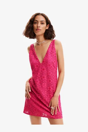 Desigual Tmavě růžové dámské krajkové šaty Lace