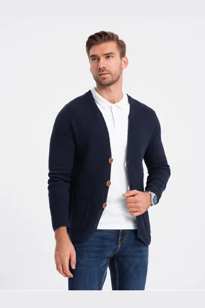 Ombre Clothing Tmavě modrý pánský kardigan s kapsami