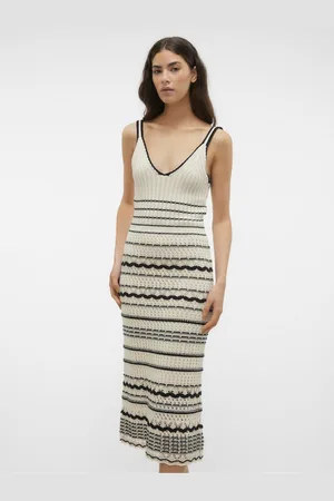 VERO MODA Černo-krémové dámské pruhované midi šaty Minou
