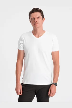Ombre Clothing Bílé pánské basic tričko s véčkovým výstřihem