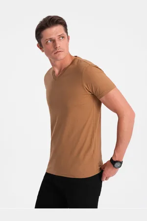 Ombre Clothing Hnědé pánské basic tričko s véčkovým výstřihem