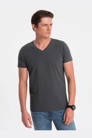 Ombre Clothing Tmavě šedé pánské basic tričko s véčkovým výstřihem