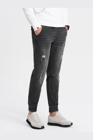Ombre Clothing Tmavě šedé pánské džíny s potrhaným efektem