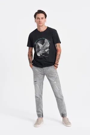 Ombre Clothing Světle šedé pánské džíny s potrhaným efektem