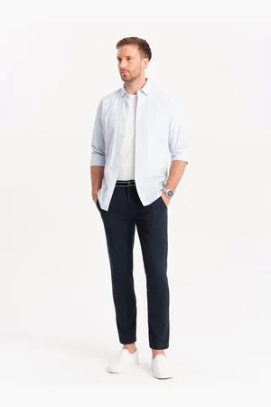 Ombre Clothing Tmavě modré pánské chino kalhoty s ozdobným páskem