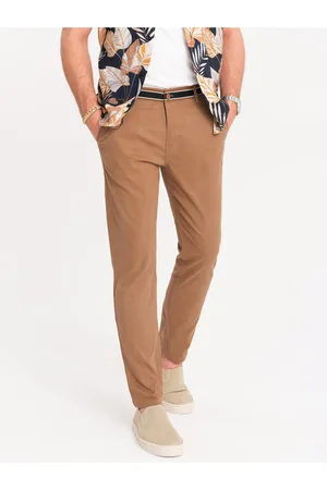 Ombre Clothing Hnědé pánské chino kalhoty s ozdobným páskem