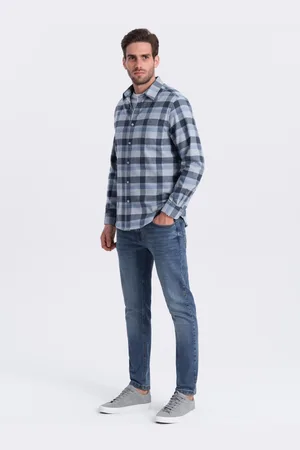 Ombre Clothing Modro- pánská kostkovaná flanelová košile
