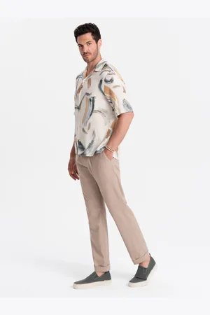 Ombre Clothing Světle hnědé pánské chino kalhoty s příměsí lnu