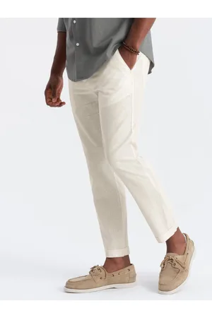 Ombre Clothing Krémové pánské chino kalhoty s příměsí lnu