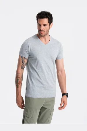 Ombre Clothing Šedé pánské bavlněné basic tričko s výstřihem