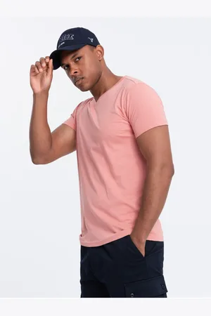 Ombre Clothing Pánské klasické bavlněné tričko BASIC s výstřihem - růžové V7 OM-TSBS-0145