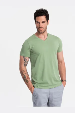 Ombre Clothing Bavlněné klasické pánské tričko BASIC s výstřihem do V - zelené V11 OM-TSBS-0145