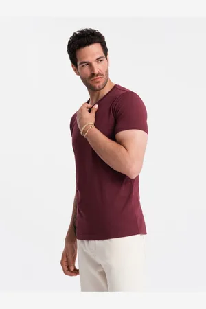 Ombre Clothing Bavlněné klasické pánské tričko BASIC s výstřihem do V - bordó V10 OM-TSBS-0145